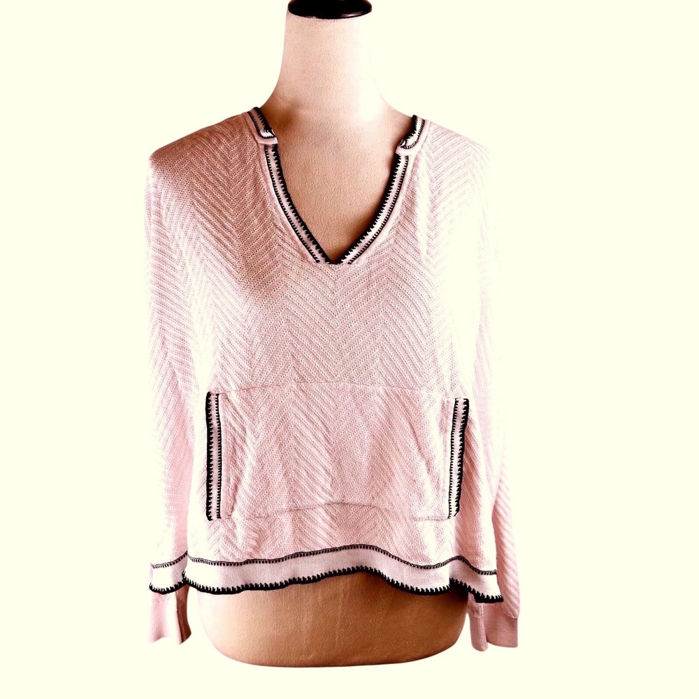Planet Lauren G Chevron Knit V-Neck Sweater Whipstitch Pink Women One Size OS